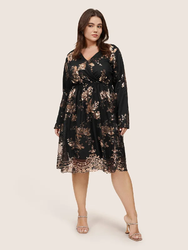 Floral Sequin Elastic Waist Mesh Wrap Dress Cozy Off-Shoulder Wrap Dress