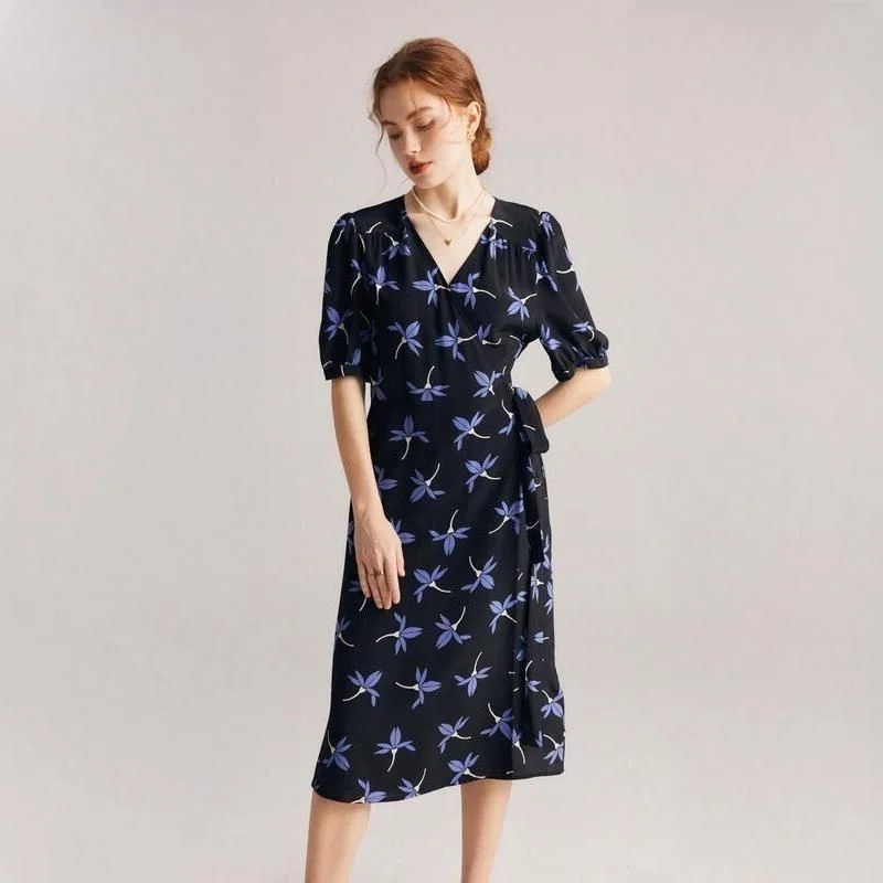 Floral Silk Crepe De Chine Wrap Dress Comfortable Fit-and-Flare Wrap Dress