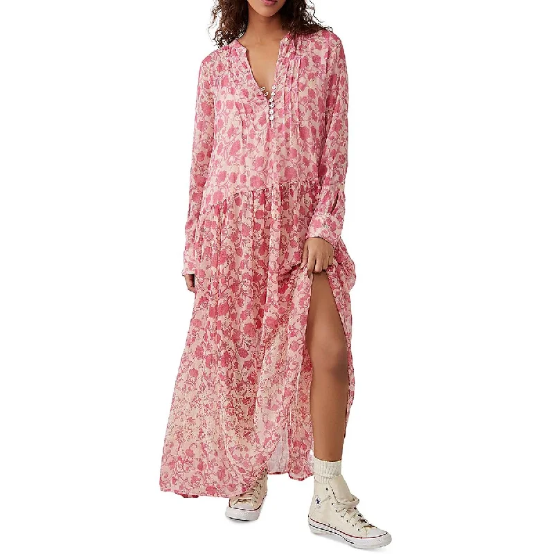 Free People Womens See It Through Floral Print Long Maxi Dress Comfortable Maxi Dress with Sleeves