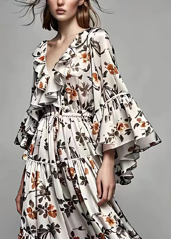 French Grey Ruffled Print Lace Up Cotton Maxi Dresses Flare Sleeve Fashionable Maxi Dress with Fringe French Grey Ruffled Print Lace Up Cotton Maxi Dresses Flare Sleeve Fashionable Maxi Dress with Fringe