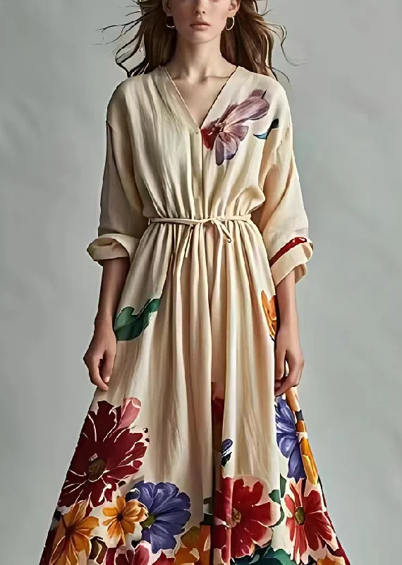 French Light Khaki V Neck Print Tie Waist Cotton Maxi Dress Fall Stylish Long Sleeve Maxi Dress French Light Khaki V Neck Print Tie Waist Cotton Maxi Dress Fall Stylish Long Sleeve Maxi Dress