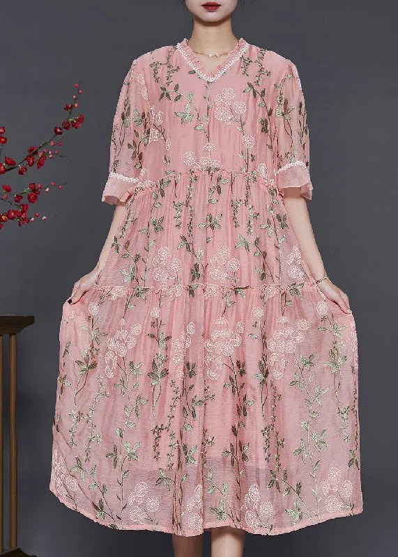 French Pink Ruffled Embroidered Silk Maxi Dresses Summer Comfortable Cotton Maxi Dress French Pink Ruffled Embroidered Silk Maxi Dresses Summer Comfortable Cotton Maxi Dress