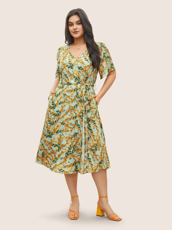 Citrus Fruit Print Belted Flutter Sleeve Wrap Dress Elegant Embroidered Wrap Dress