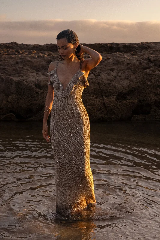 Gold Midnight Sparkle Maxi Dress Elegant Tiered Maxi Dress