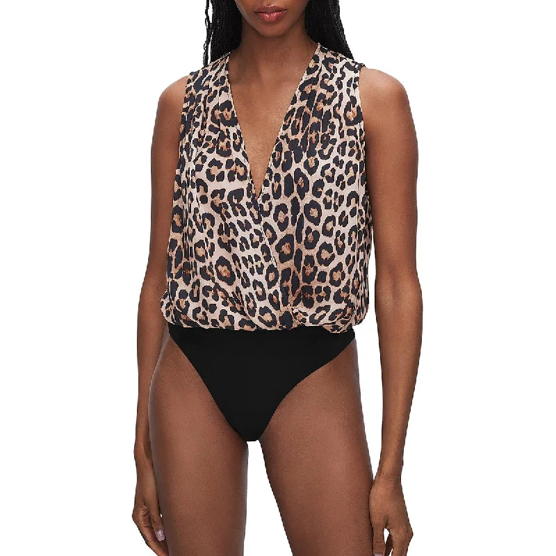 Good American Womens Animal Print Faux Wrap Bodysuit Fashionable Embellished Bodysuit