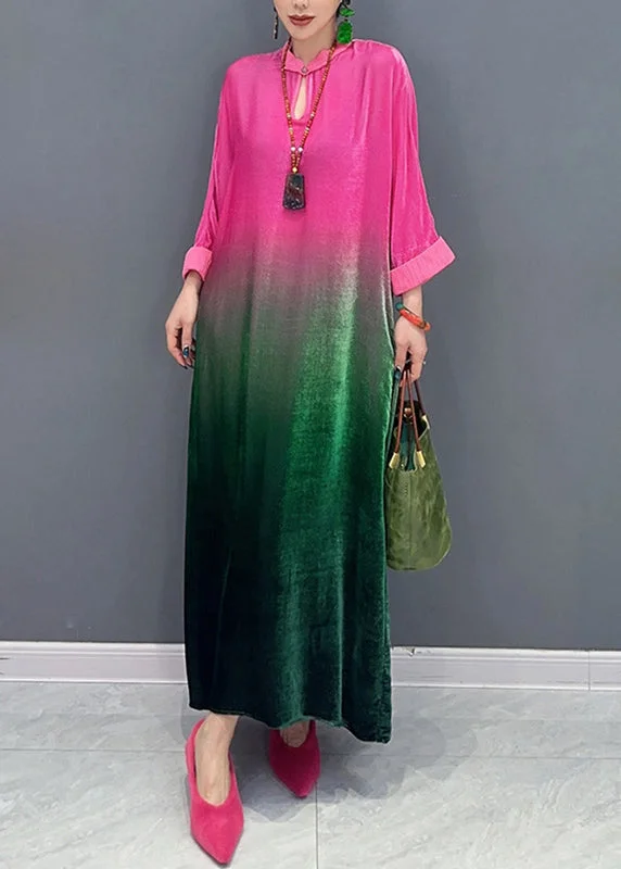 Gradient Color Stand Collar Silk Velvet Maxi Dresses Fall Fashionable Chiffon Tiered Maxi Dress