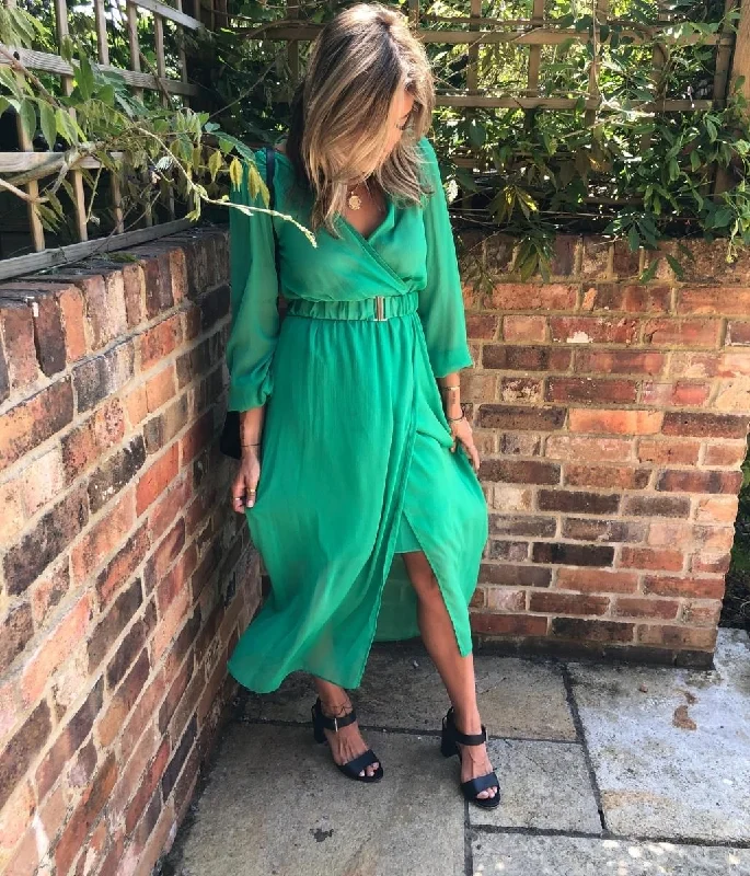 Green Chiffon Wrap Dress Trendy Floral Wrap Dress for Summer