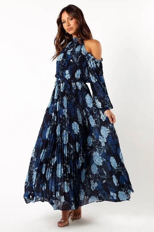 Hilary Pleated Maxi Dress - Blue Floral Cozy Spaghetti Strap Maxi Dress