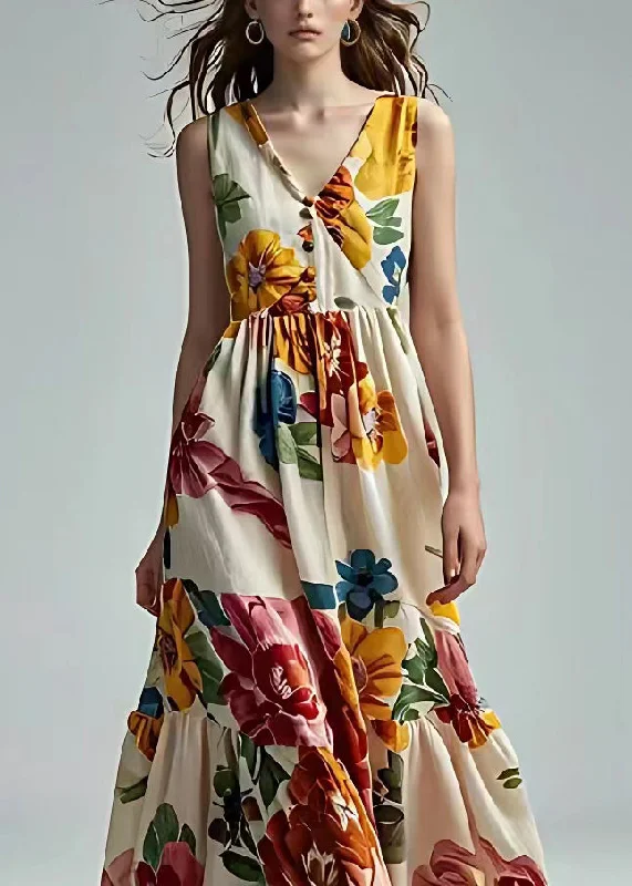 Italian Beige V Neck Print Patchwork Cotton Maxi Dresses Sleeveless Casual Maxi Dress with Pockets Italian Beige V Neck Print Patchwork Cotton Maxi Dresses Sleeveless Casual Maxi Dress with Pockets