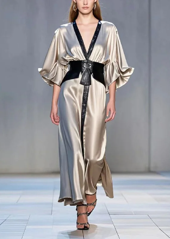 Italian Champagne Cinched Patchwork Silk Maxi Dress Flare Sleeve Fashionable Maxi Dress with Fringe Italian Champagne Cinched Patchwork Silk Maxi Dress Flare Sleeve Fashionable Maxi Dress with Fringe