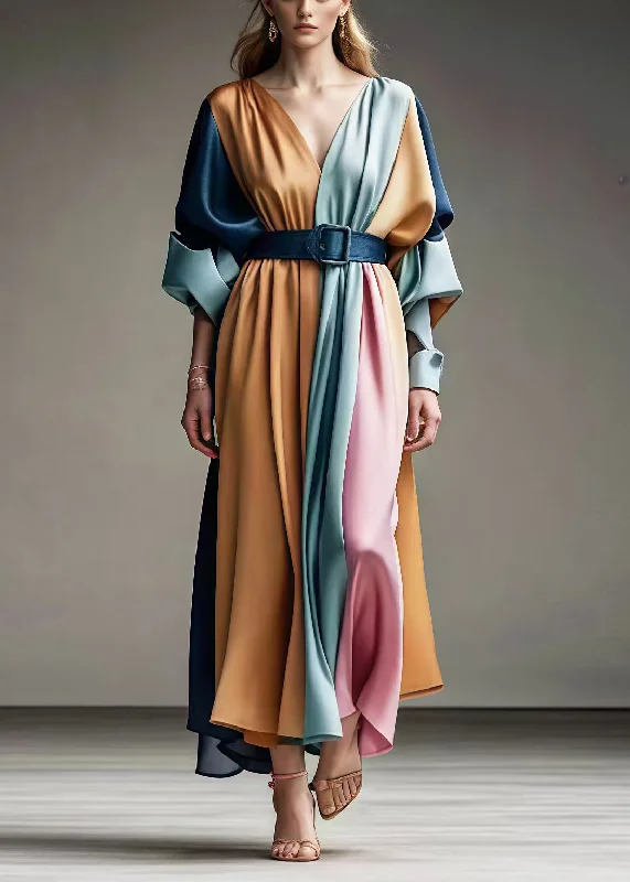 Italian Colorblock Cinched Patchwork Exra Large Hem Silk Maxi Dresses Spring Trendy Short Sleeve Maxi Dress Italian Colorblock Cinched Patchwork Exra Large Hem Silk Maxi Dresses Spring Trendy Short Sleeve Maxi Dress