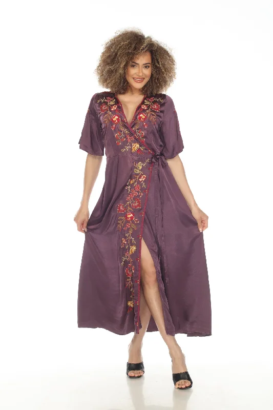 Johnny Was Workshop Lilith Satin Floral Embroidered Wrap Dress Boho Chic W32223 Elegant Wrap Dress with Buttons