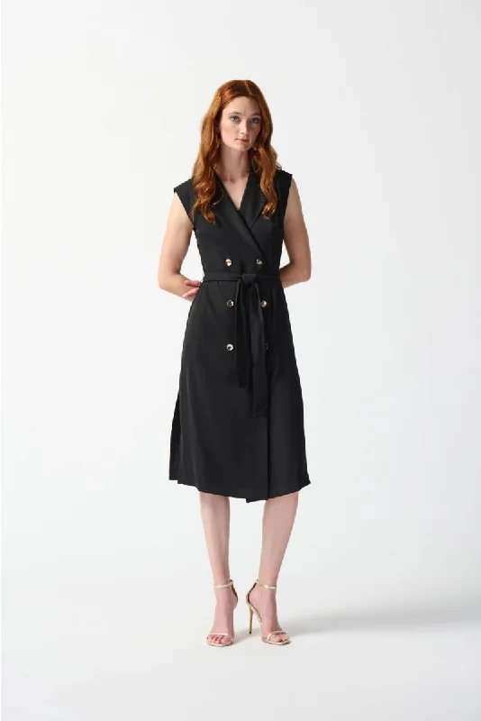 Joseph Ribkoff Black Double-Breasted Belted Midi Wrap Dress 242075 Chic Ruffle-Hem Wrap Dress