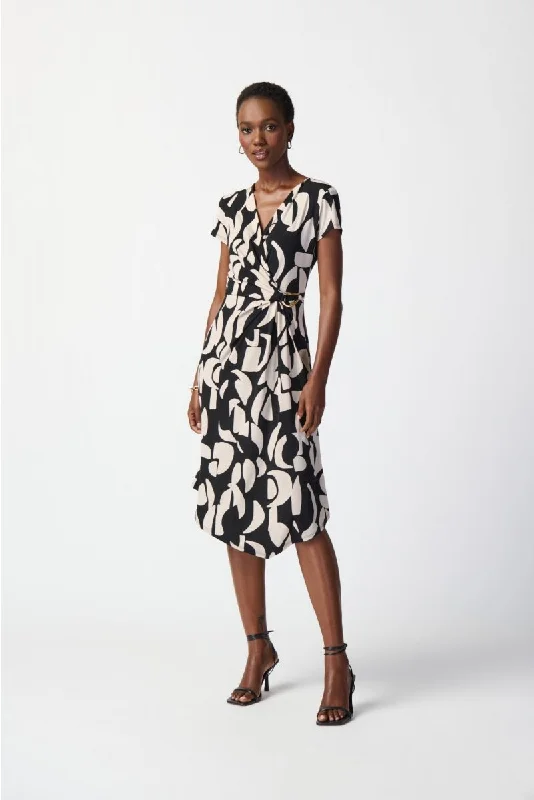 Joseph Ribkoff Black/Moonstone Geometric Print Asymmetric Faux Wrap Dress 241029 Comfortable A-Line Wrap Dress