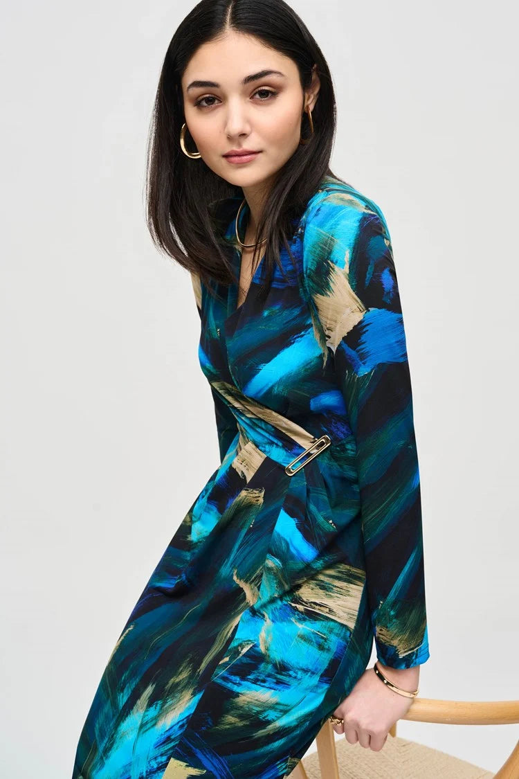 Joseph Ribkoff Silky Abstract Print Wrap Dress Elegant Silk-Wrap Dress