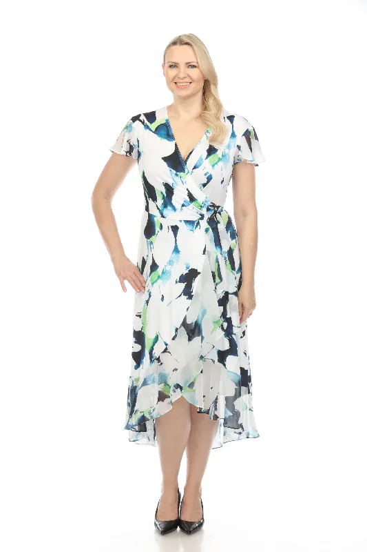 Joseph Ribkoff Vanilla/Multi Floral Print Flutter Sleeve Ruffled Chiffon Maxi Wrap Dress 242703 Fashionable Wrap Dress for Work