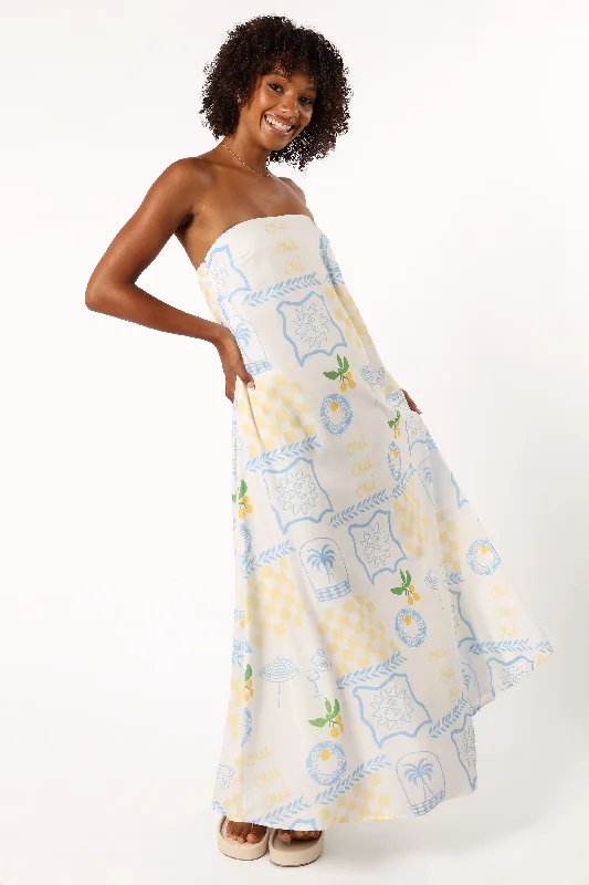 June Maxi Dress - Lemon Print Elegant Maxi Dress with Lace