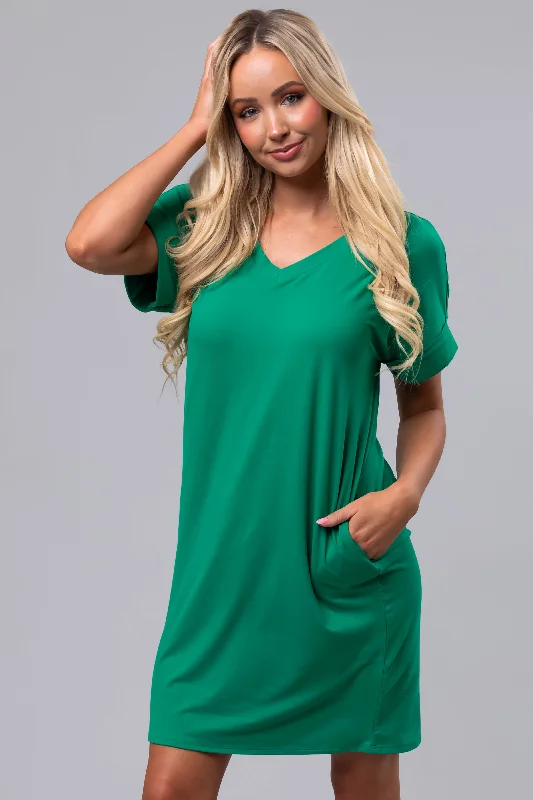 Kelly Green Soft V Neck Short Sleeve Mini Dress Trendy A-Line Mini Dress