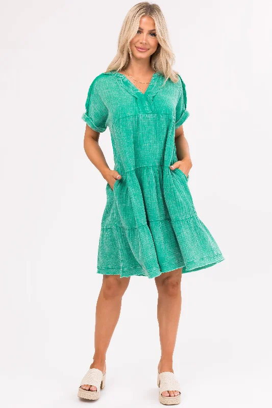 Kelly Green Washed Tiered V Neck Mini Dress Elegant Silk Mini Dress