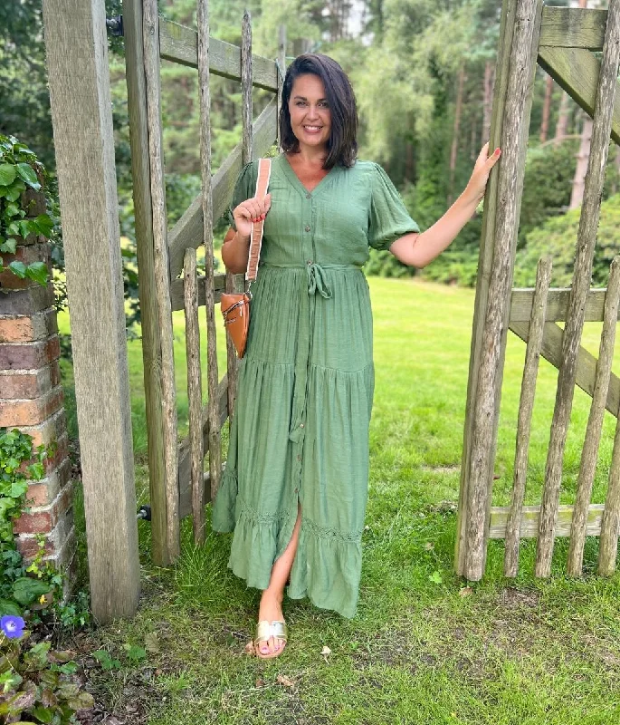 Khaki Button Through Maxi Dress Trendy Satin Maxi Dress