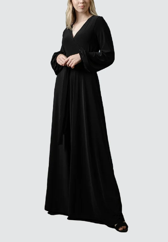 Maxi Wrap Dress | Black Elegant Faux-Wrap Dress