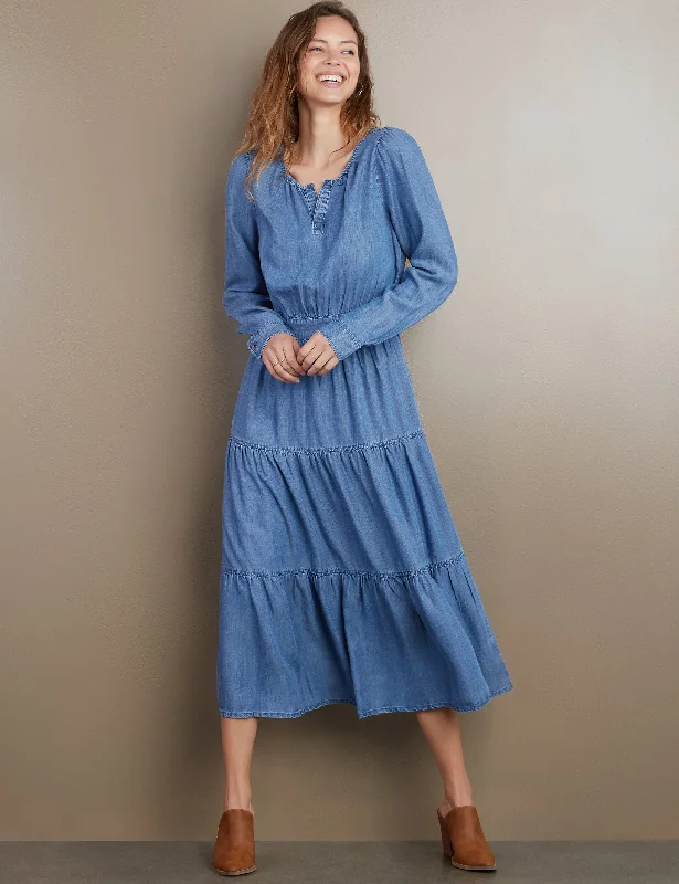 Layers Denim Maxi Dress Elegant Tiered Maxi Dress