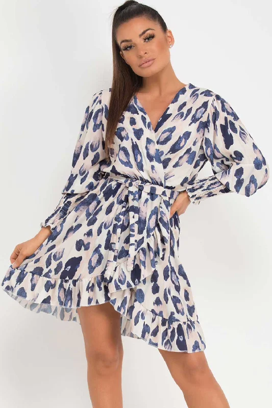 Leopard Print Long Sleeve Wrap Dress Trendy Cross-Front Wrap Dress