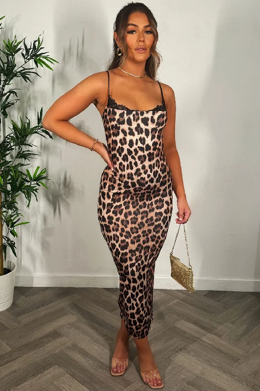 Leopard Print Maxi Dress With Side Split And Lace Detail Cozy Ruffle Sleeve Maxi Dress
