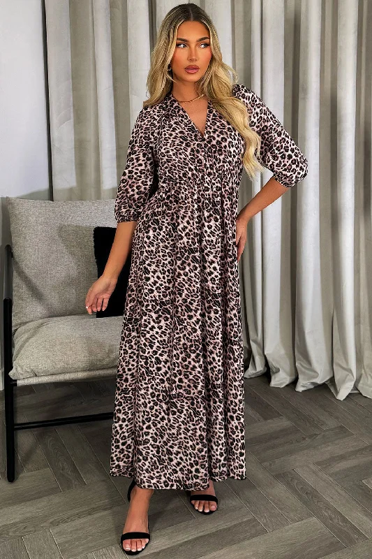 Leopard Print Maxi Dress With Long Sleeves Stylish Pleated A-Line Maxi Dress