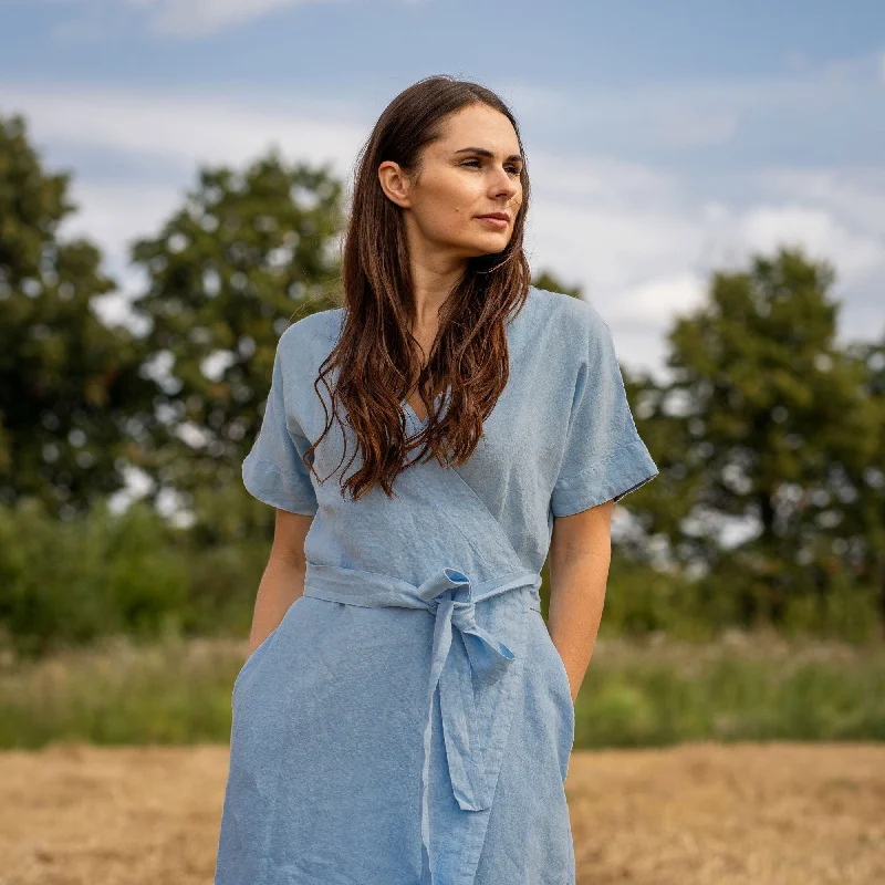 Linen Wrap Dress Eliana Cloudy Blue Comfortable Ribbed Wrap Dress