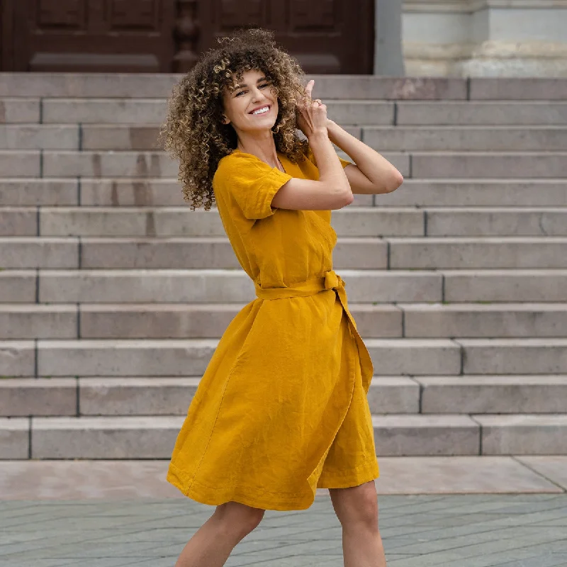 Linen Wrap Dress Eliana Spicy Yellow Stylish Wrap Dress for Summer