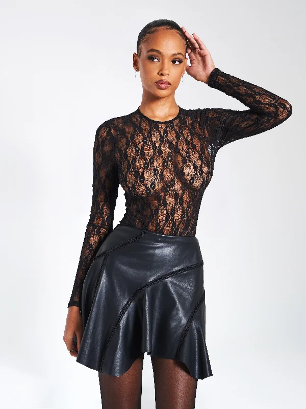 Maisie Black Lace Long Sleeve Bodysuit Elegant Button-Up Bodysuit