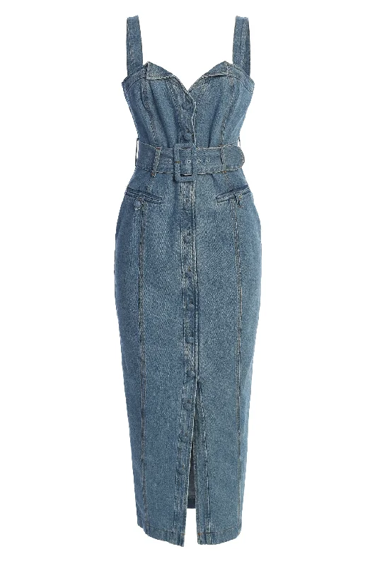 Medium Wash Celene Denim Maxi Dress Fashionable Faux Wrap Maxi Dress