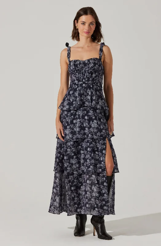 Mellorie Floral Tiered Maxi Dress Comfortable Plunging Neckline Maxi Dress