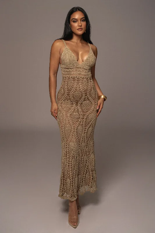 Mocha Great Escape Crochet Maxi Dress Comfortable Bohemian Maxi Dress