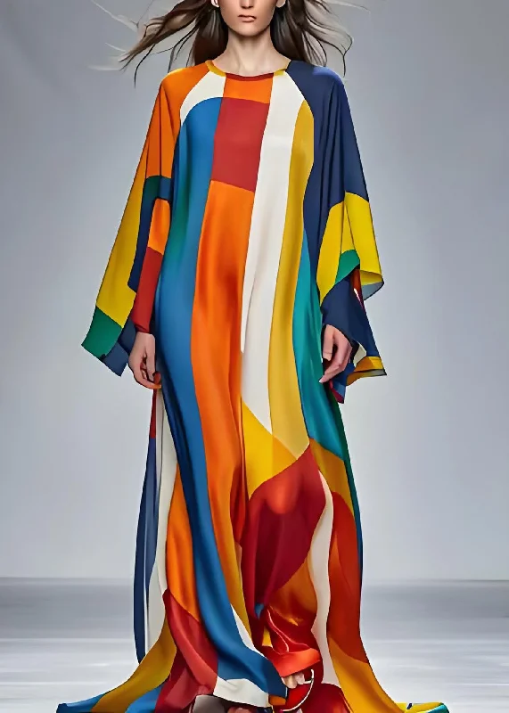 Modern Colorblock O Neck Silk Holiday Maxi Dress Long Sleeve Classic Solid Maxi Dress Modern Colorblock O Neck Silk Holiday Maxi Dress Long Sleeve Classic Solid Maxi Dress