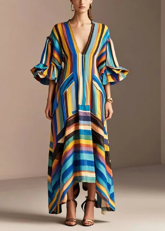 Modern Rainbow V Neck Striped Cotton Maxi Dresses Petal Sleeve Comfortable Ruffle Maxi Dress Modern Rainbow V Neck Striped Cotton Maxi Dresses Petal Sleeve Comfortable Ruffle Maxi Dress