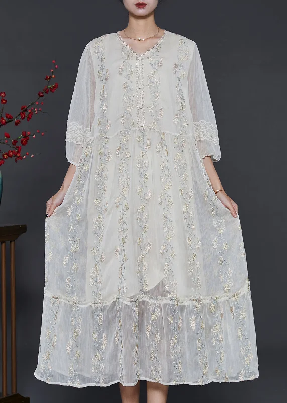 Modern White Embroidered Silk Maxi Dresses Summer Elegant Silk Maxi Dress