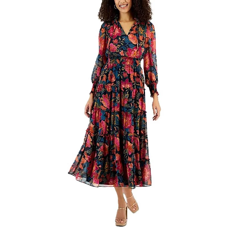 MSK Womens Smocked Tea Length Maxi Dress Fashionable Sheer Maxi Dress