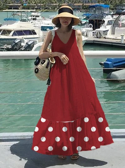 Natural Sleeveless Patchwork Cotton Quilting Dresses Work Red Polka Dots Maxi Dresses Fashionable Off-Shoulder Maxi Dress Natural Sleeveless Patchwork Cotton Quilting Dresses Work Red Polka Dots Maxi Dresses Fashionable Off-Shoulder Maxi Dress