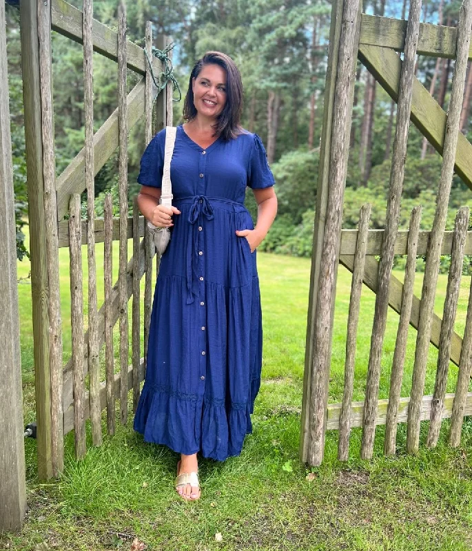 Navy Button Through Maxi Dress Cozy Cold-Shoulder Maxi Dress