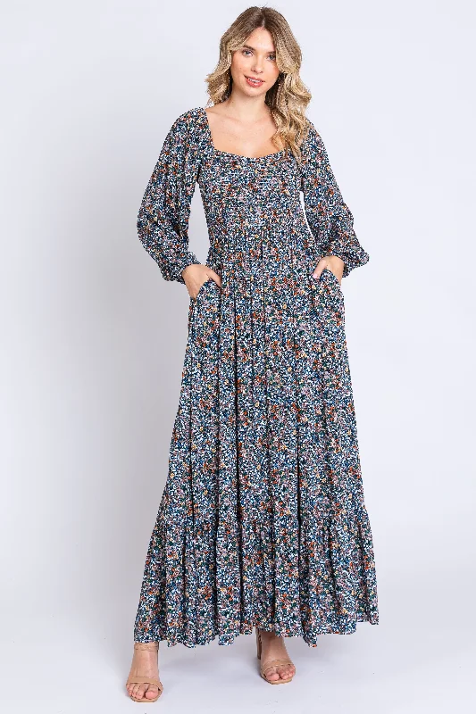 Navy Floral Long Sleeve Maxi Dress Classic Strapless Maxi Dress