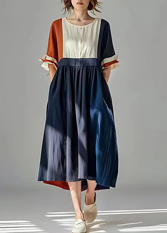 Navy Patchwork Linen Maxi Dresses Exra Large Hem Summer Elegant Lace-Up Maxi Dress