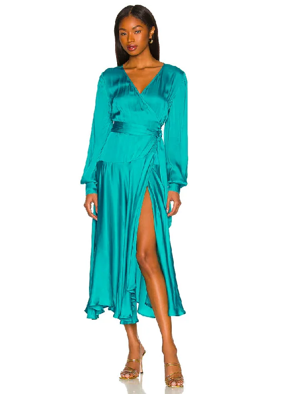 Noelle Wrap Dress - Emerald Comfortable Wrap Dress with Pleats