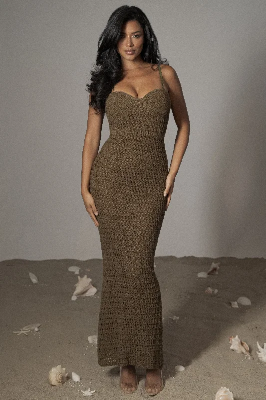 Olive Deep Sea Crochet Maxi Dress Elegant Maxi Dress with Belt