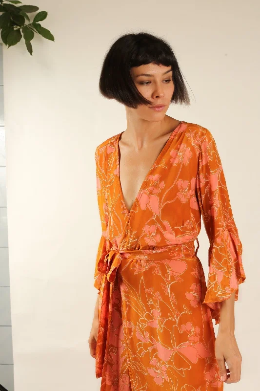 ORANGE FLOWER SILK WRAP DRESS Stylish Double-Tie Wrap Dress