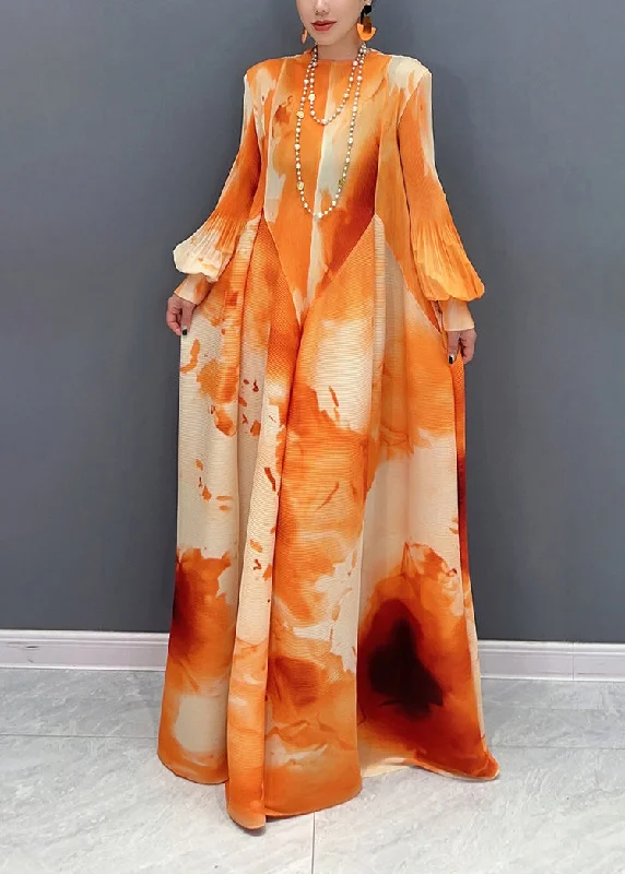 Orange Print Patchwork Chiffon Long Maxi Dress Puff Sleeve Comfortable Satin Maxi Dress Orange Print Patchwork Chiffon Long Maxi Dress Puff Sleeve Comfortable Satin Maxi Dress