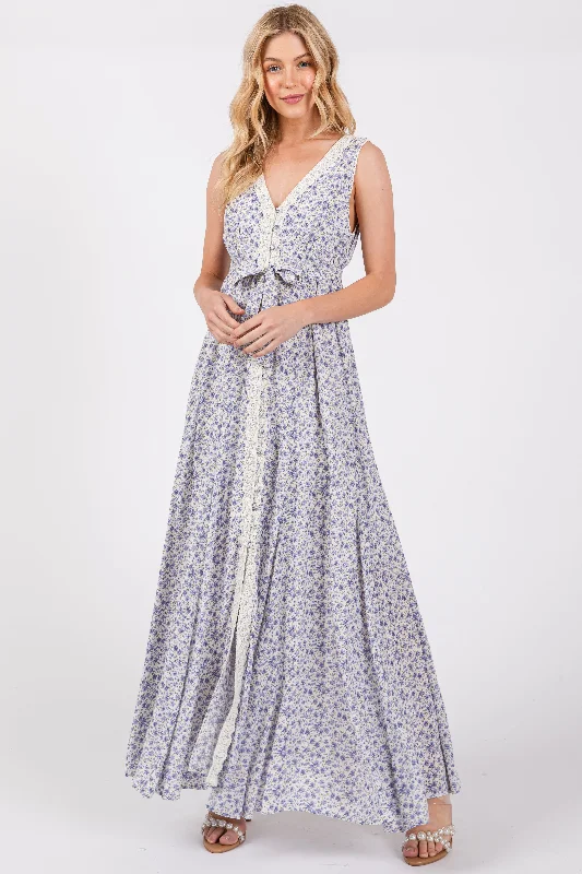 Periwinkle Floral Crochet Trim Button Down Maxi Dress Chic Button-Up Maxi Dress