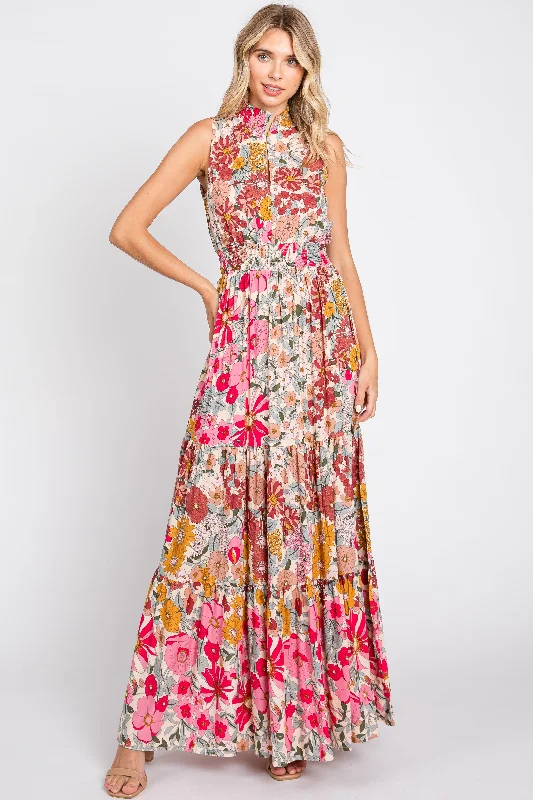 Pink Floral Mock Neck Maxi Dress Fashionable Halter Neck Maxi Dress