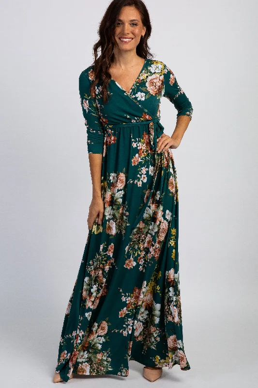 PinkBlush Green Rose Print Sash Tie Maxi Dress Chic Summer Floral Maxi Dress